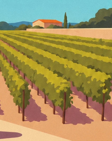 The rows of green vines in front of a pale wall and a house with an orange roof