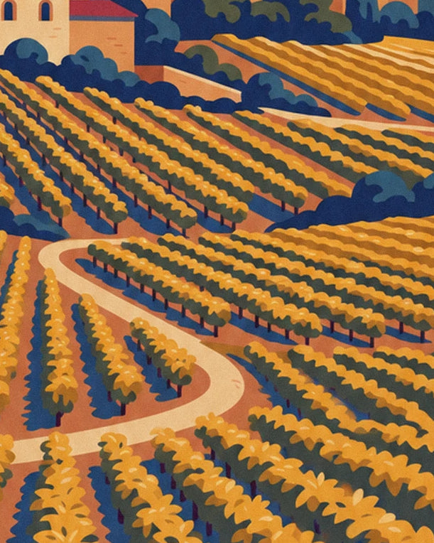 Les rangs de vignes dorées et le chemin sinueux qui monte vers le village