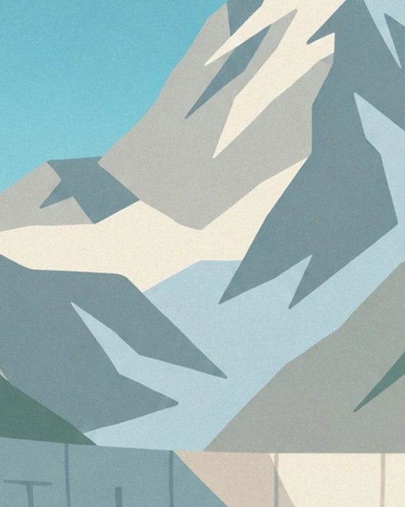 The mountain faces with grey and white facets above the dam
