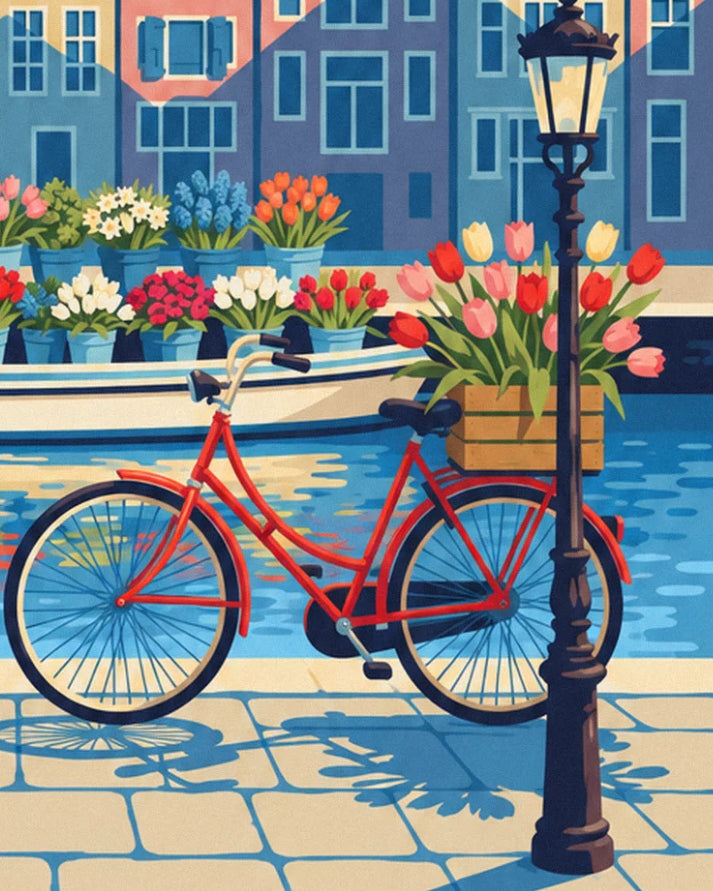 The red bicycle leaning against the street lamp, with its basket of tulips beside the canal