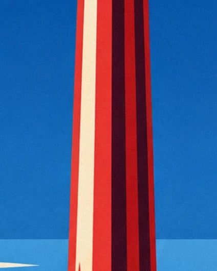 La tige rouge de l’ancre, striée de crème et de bordeaux sur fond bleu