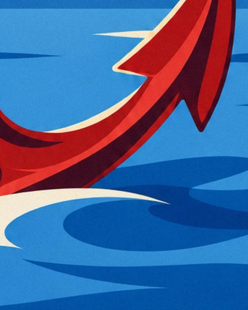 La branche rouge de l’ancre à la pointe relevée, au-dessus des reflets bleus