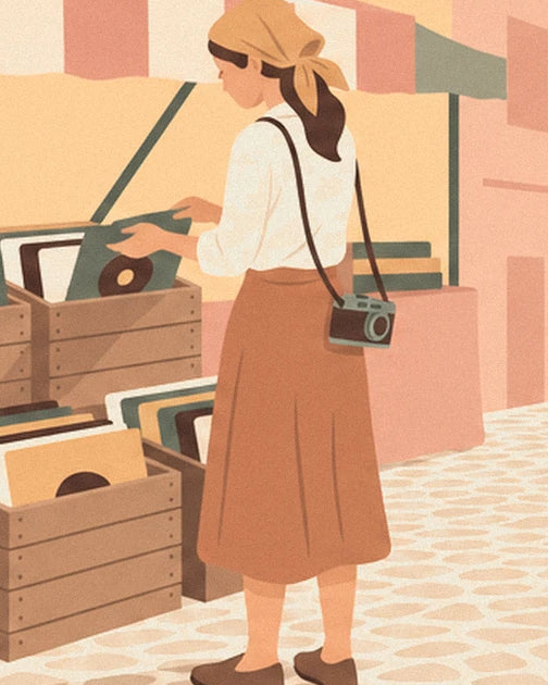 The young woman with an ochre scarf, her camera and the crates of vinyl records