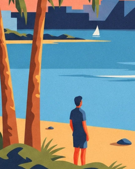 A figure in blue on the golden beach, between the tree trunks and the harbour