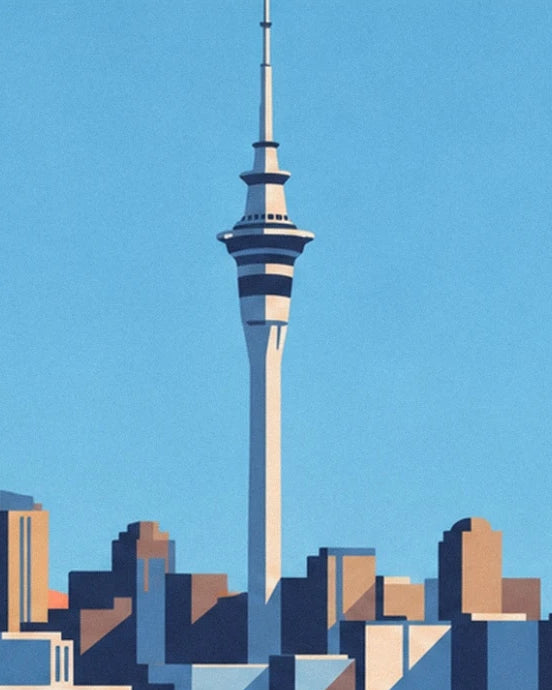 The white Sky Tower and its dark rings above the buildings of Auckland