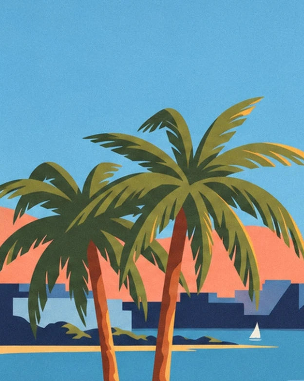 Palm trees with olive green leaves in front of the harbour and a small white sailing boat