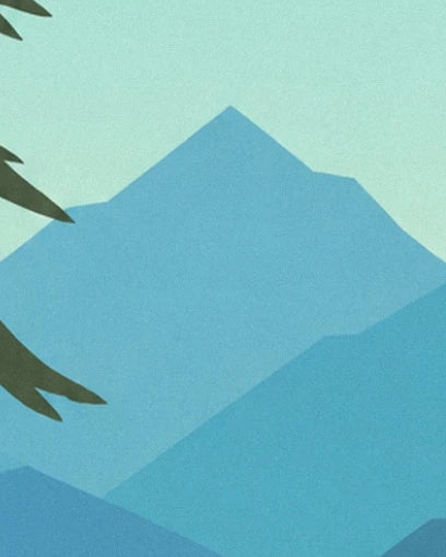 Les montagnes aux nuances de bleu sous un ciel vert d’eau, bordées de branches de pin