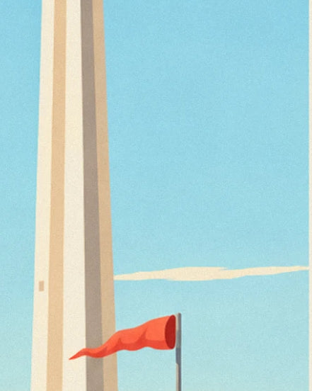 La manche à air orange gonflée par le vent, devant une tour beige et un ciel bleu clair