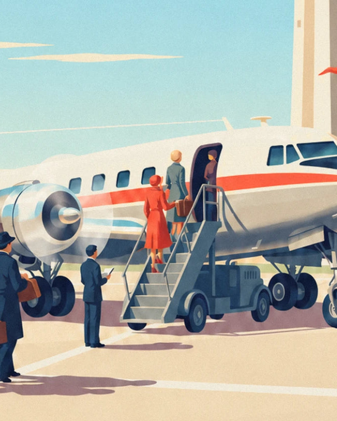 Passagers en manteau rouge et gris montant l'escalier de l'avion à hélices, sur le tarmac