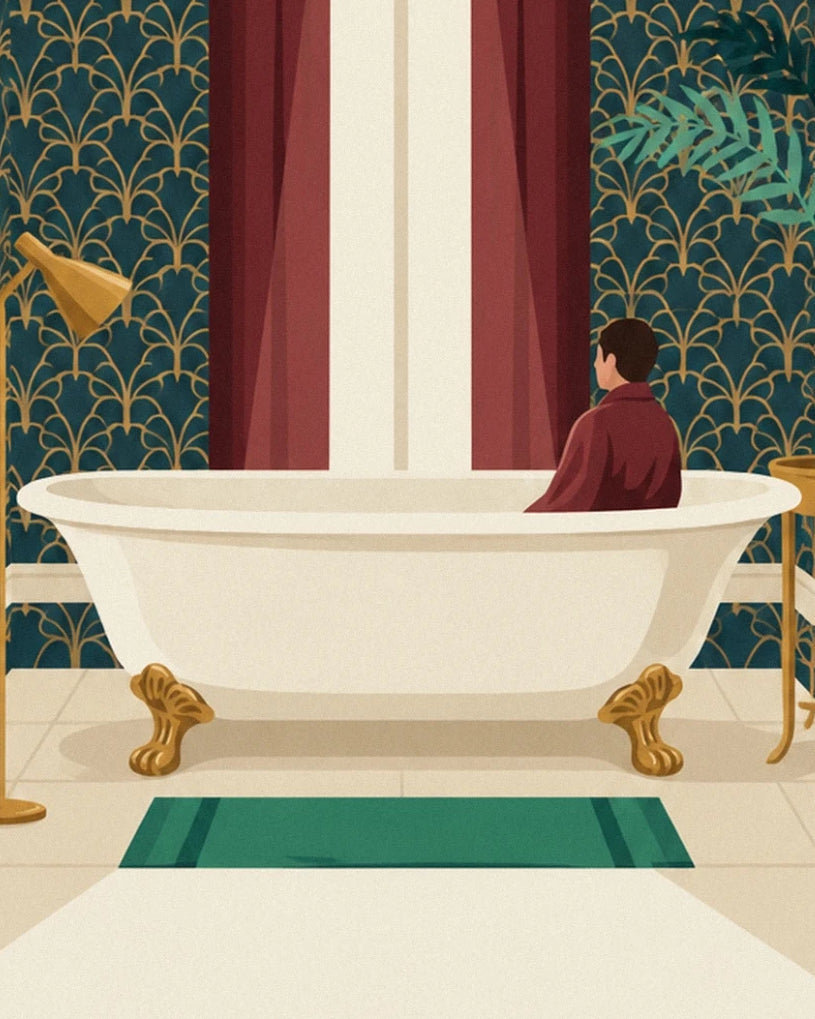 A figure in burgundy in an ivory bath with golden lion's feet
