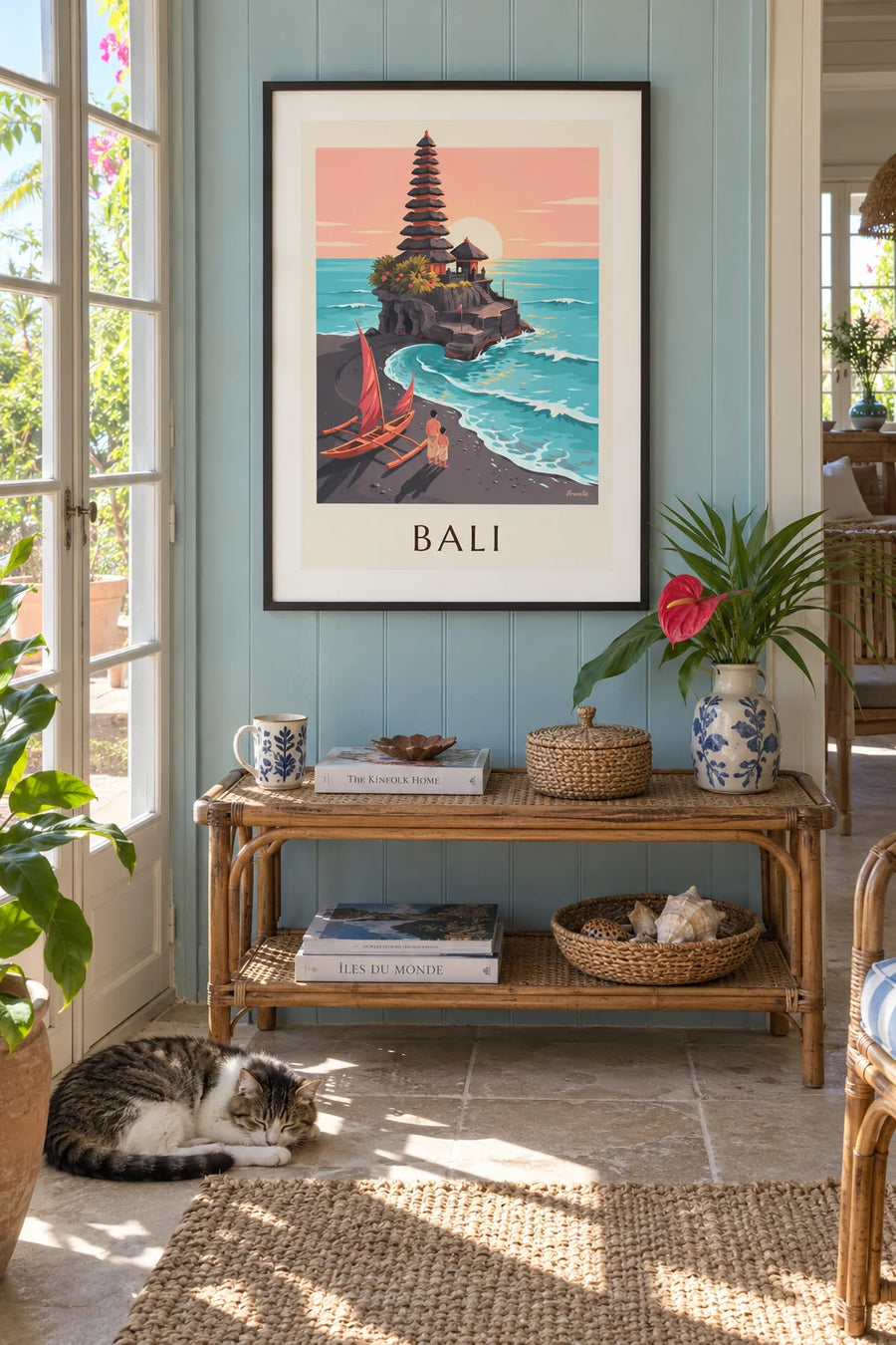Affiche temple de Tanah Lot et pirogue à balancier à Bali : encadrée au mur