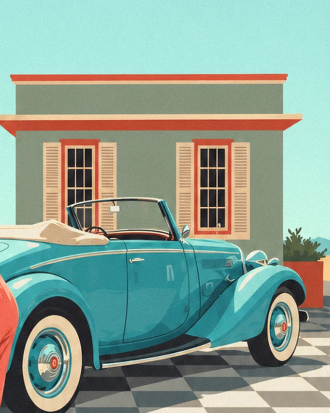 La cabriolet turquoise à pneus blancs garée devant le petit bâtiment vert à volets beiges