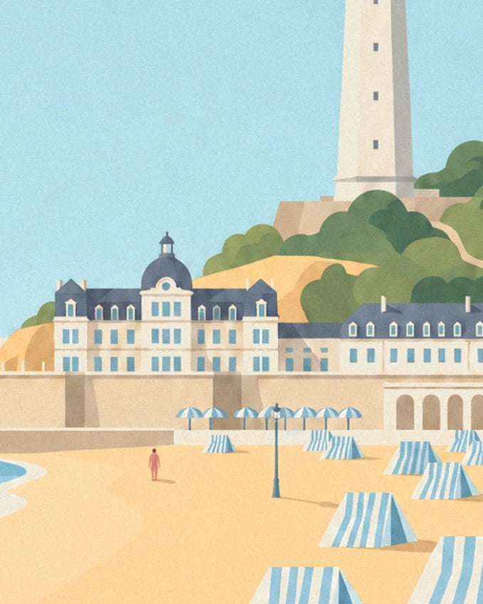 The Hôtel du Palais with its slate roofs facing the beach, with the lighthouse and green hill