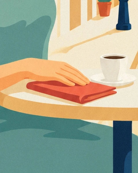 Une main posée sur un livre rouge près d’une tasse de café, sur la table en terrasse