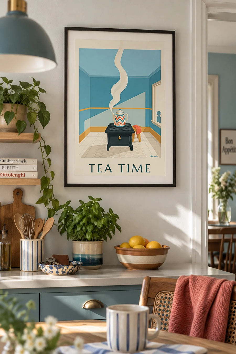 Poster of a kettle with geometric patterns in a pastel kitchen: framed on the wall