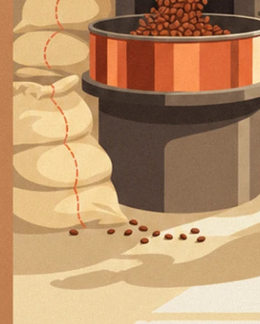La cuve orange remplie de café, les sacs beiges et les grains éparpillés au sol