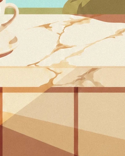 Le comptoir en marbre crème veiné d'ocre, avec son soubassement carrelé aux ombres chaudes