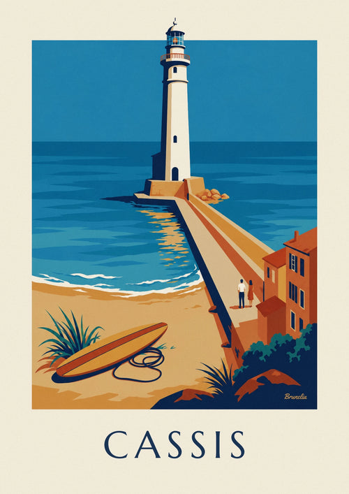 Poster of the Cassis pier lighthouse and a surfboard: the full poster