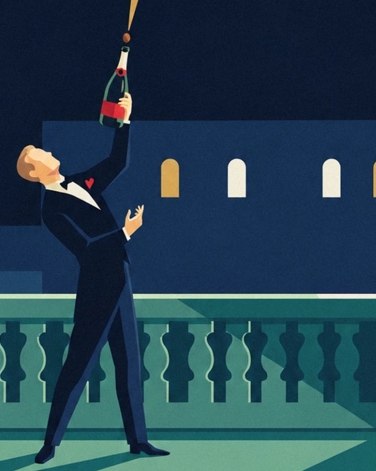 Affiche homme en smoking ouvrant une bouteille de champagne : détail en gros plan