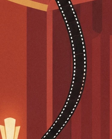 La pellicule noire aux perforations blanches devant les panneaux rouges du cinéma