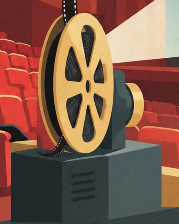 La bobine dorée et sa pellicule noire sur le projecteur, devant les fauteuils rouges