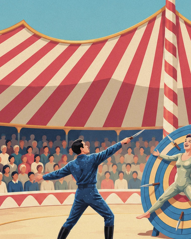 Knife thrower and target wheel under the big top poster: close-up detail