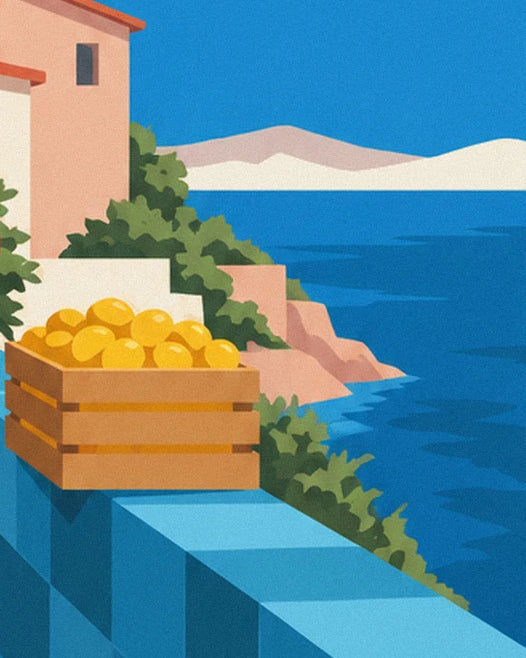 The crate of yellow lemons on the blue balustrade facing the sea