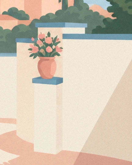 The terracotta pot and its bunch of pink flowers on a white pillar edged in blue