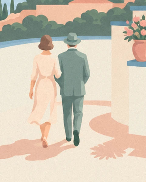 The couple seen from behind on the terrace, she in a pale pink dress and he in a green suit and hat