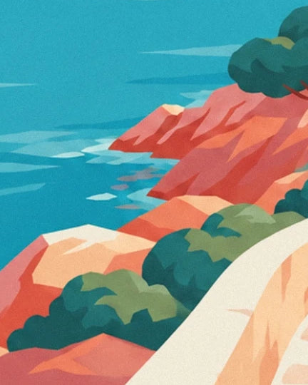 The orange rocks of the headland facing the turquoise sea, edged with green bushes