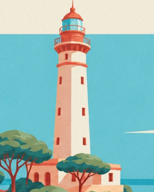 The white lighthouse with red galleries and a blue lantern room between the pine trees