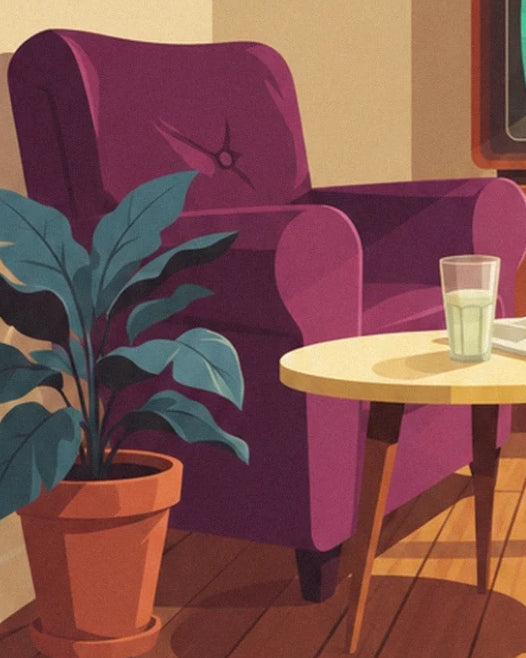 The purple armchair beside a potted plant and a table with a glass