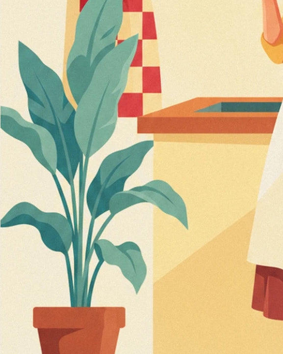 La grande plante verte en pot de terre cuite, près du comptoir de la cuisine