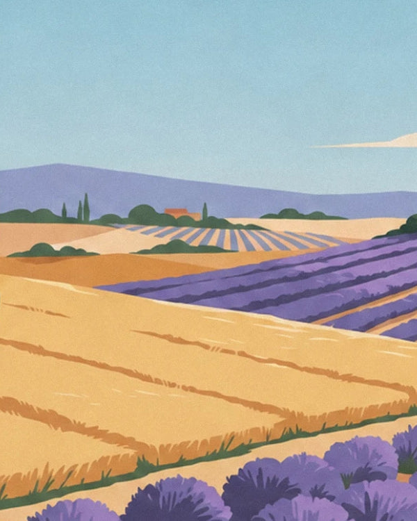 Les champs dorés et les rangées de lavande devant les collines mauves