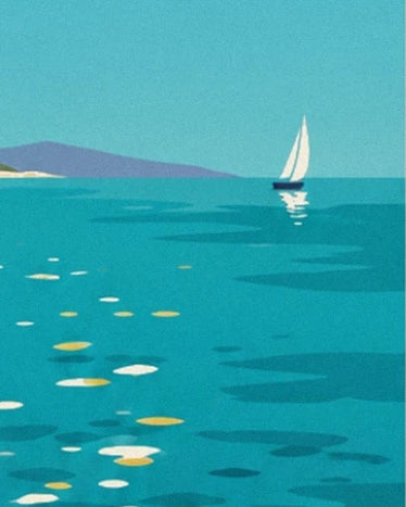 A white sailing boat on the turquoise sea with white and yellow reflections in front of a mauve coastline