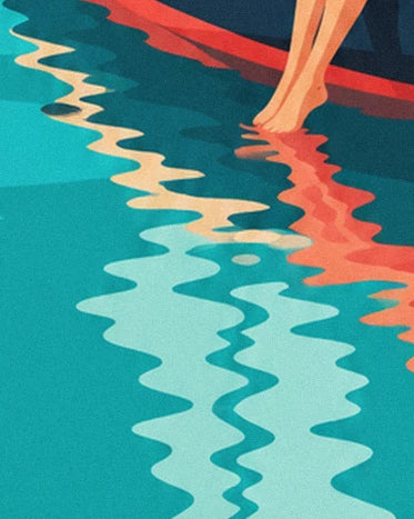Feet in the water and rippling coral and cream reflections beside the sailing boat