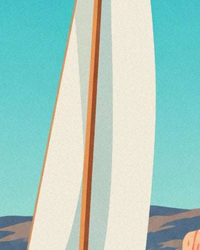 The ivory sails and orange mast of the sailing boat against a turquoise sky