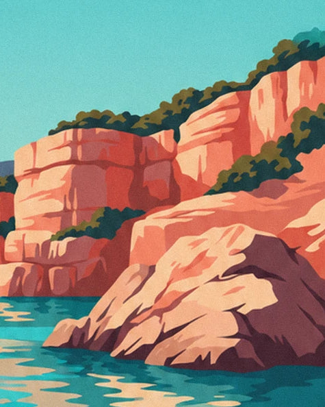 Coral cliffs and their green bushes above the turquoise water