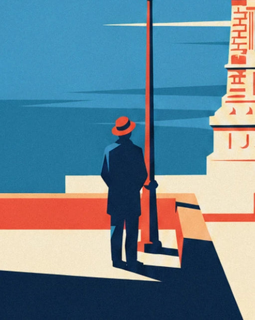A man in a red hat seen from behind on the quay beside a street lamp and the pedestal