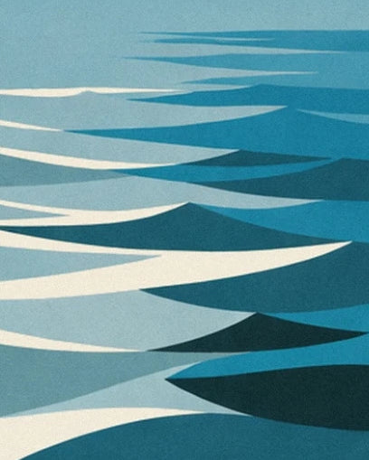 Les vagues stylisées de l’Atlantique en courbes bleu turquoise, bleu nuit et crème