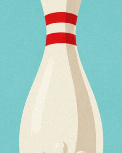 An ivory bowling pin with 2 red stripes against a turquoise background
