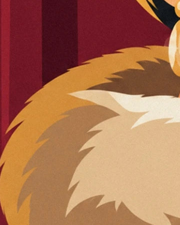 A fur stole in golden, brown and cream tones in front of the red curtain