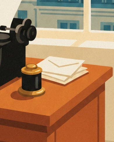A black inkwell with a golden lid and envelopes on the orange desk