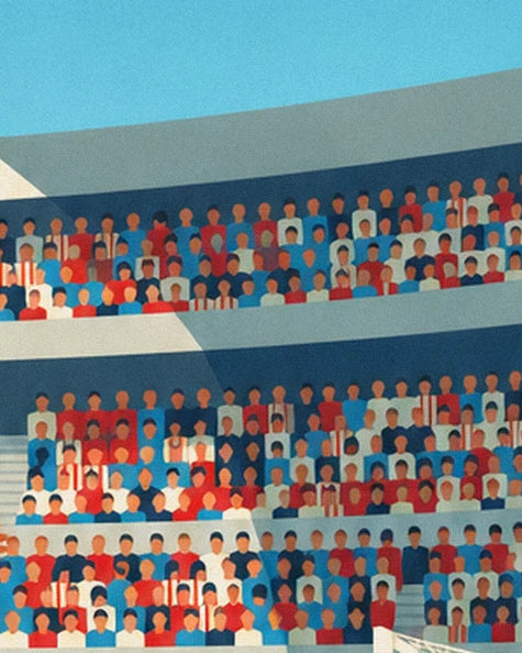 The stadium stands filled with spectators in red, blue and white beneath the turquoise sky