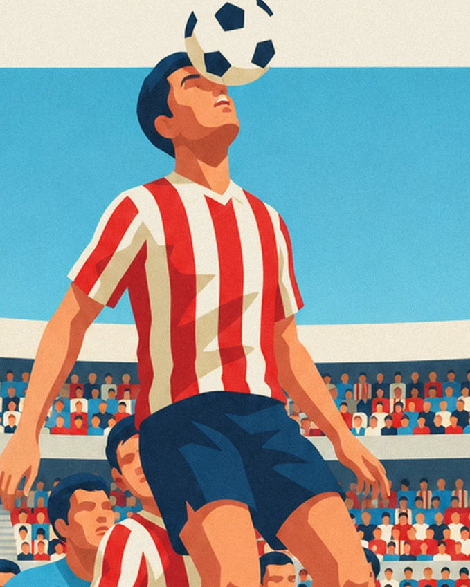 The footballer in a red and white striped shirt, with the ball above his forehead