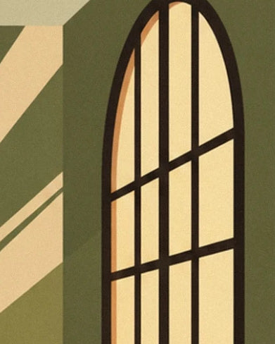 An arched window with black frames on a green wall crossed by light