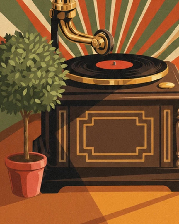 The black record on the wooden gramophone and the green plant in its red pot