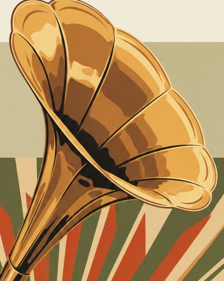 The golden gramophone horn and its curves against a background of geometric patterns