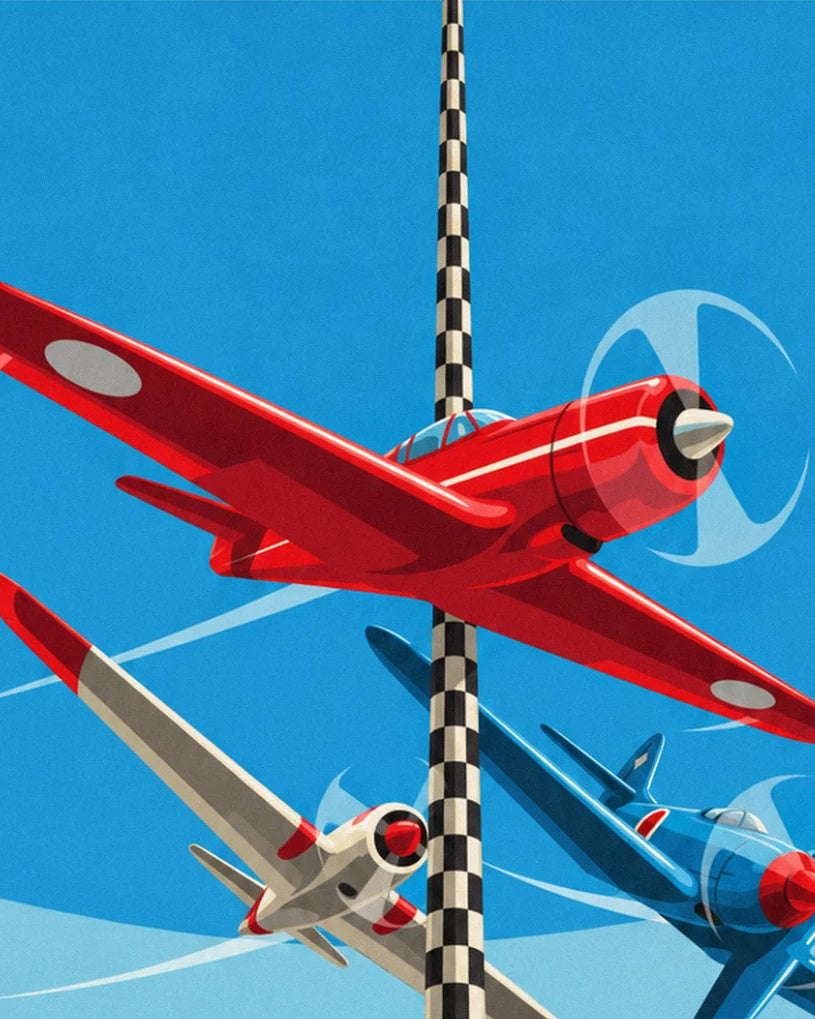 The 3 red, blue and cream aeroplanes banking around the black and white chequered pylon