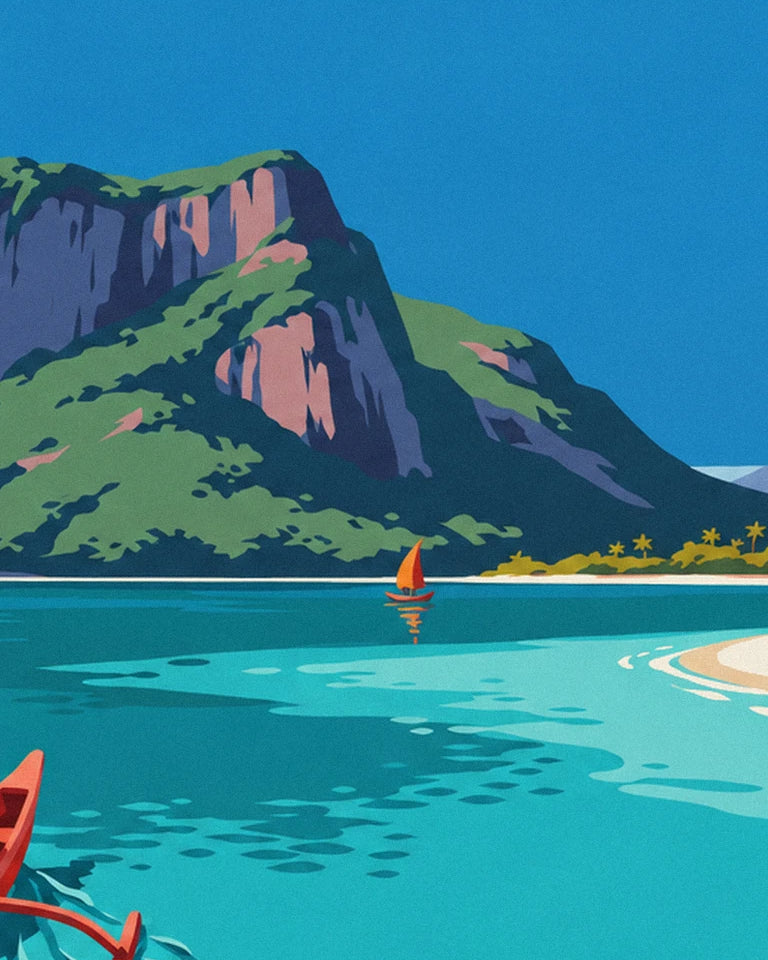 Mauritius lagoon, palm trees and Morne Brabant poster: close-up detail